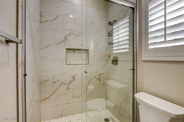 bathroom with toilet and a stall shower