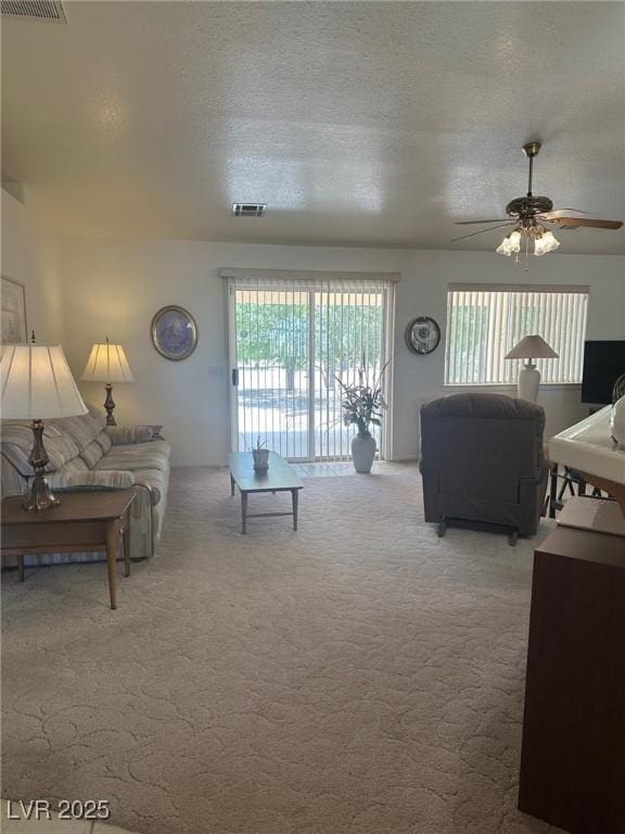 1461 E Elderberry St, Pahrump, NV 89048 - carpeted living room with ceiling fan and a textured ceiling