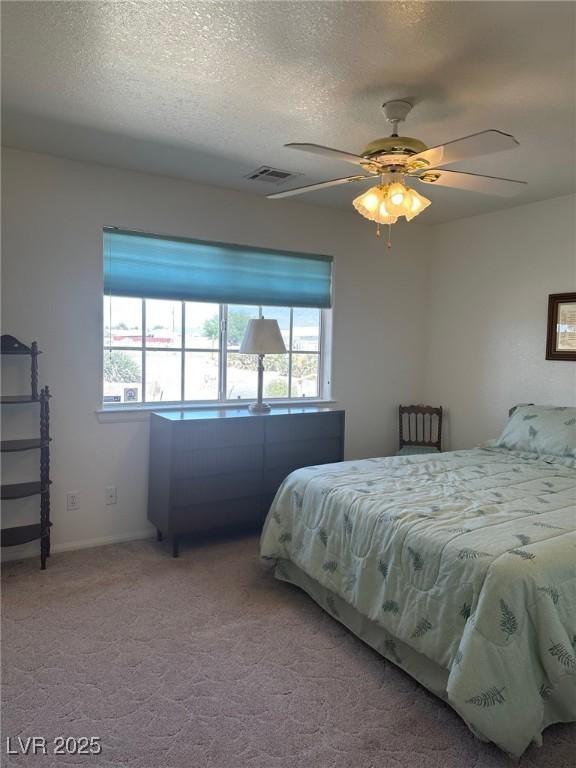 1461 E Elderberry St, Pahrump, NV 89048 - bedroom featuring a textured ceiling, carpet floors, and a ceiling fan
