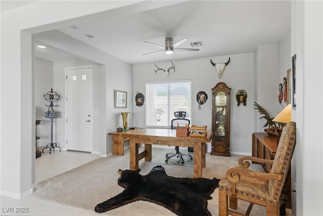2612 Dearport Ct, Henderson, NV 89052 - office area with a ceiling fan, light colored carpet, baseboards, and light tile patterned floors