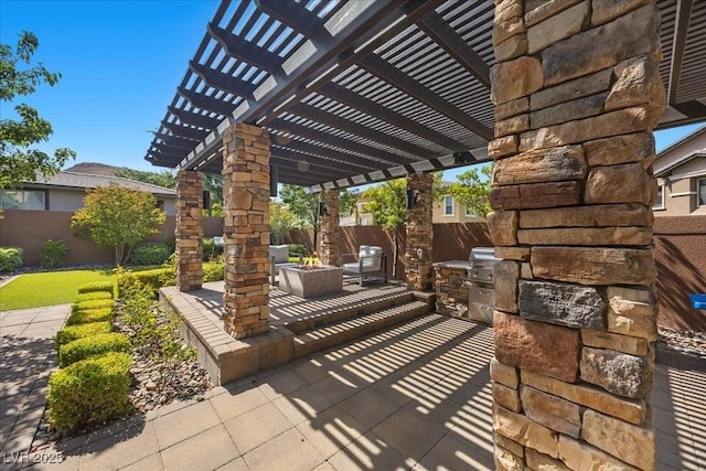 10470 Dove Meadow Way, Las Vegas, NV 89135 - fenced backyard with an outdoor fire pit, a patio area, area for grilling, and a pergola