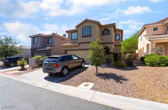 9513 Perennial View Ave, Las Vegas, NV 89148 - mediterranean / spanish-style home featuring an attached garage, concrete driveway, stucco siding, and a tiled roof