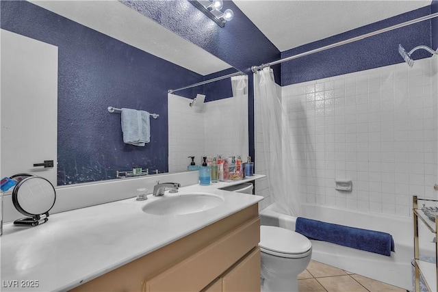 1808 Piccolo Way, Las Vegas, NV 89146 - full bathroom featuring a textured wall, tile patterned flooring, vanity, shower / bath combination with curtain, and toilet