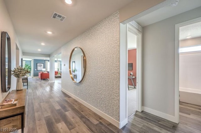 1220 Eva Creek Dr Unit 35, North Las Vegas, NV 89084 - hall featuring wood finished floors, recessed lighting, healthy amount of natural light, wallpapered walls, and baseboards