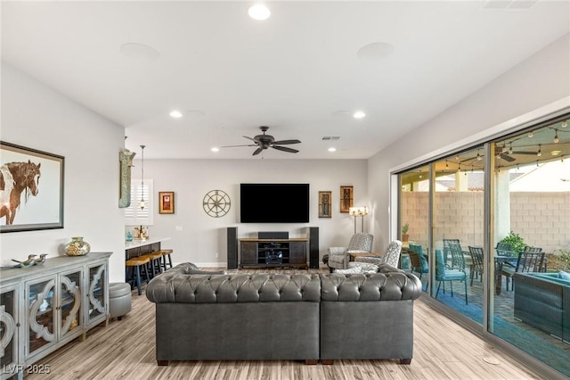 352 Dandelion Brook Ct, Las Vegas, NV 89148 - living room featuring light wood finished floors, recessed lighting, and ceiling fan