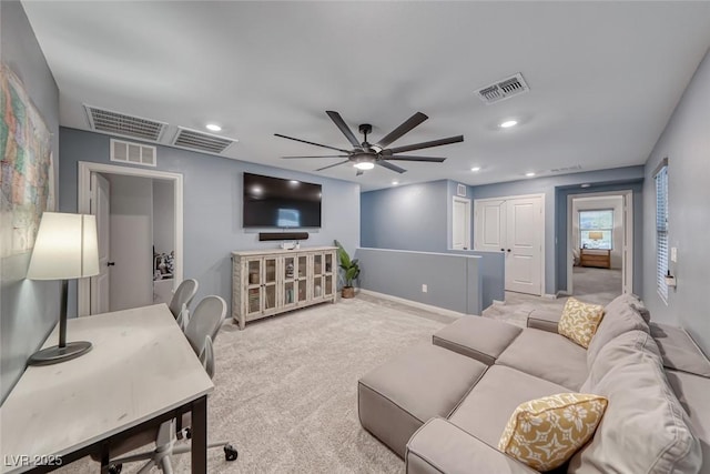 living room with ceiling fan, carpet flooring, recessed lighting, and baseboards