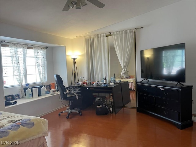 bedroom with wood finished floors, vaulted ceiling, and a ceiling fan