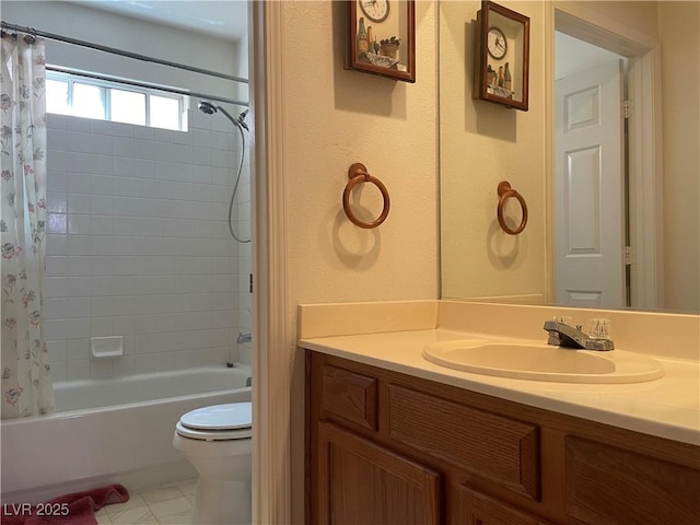 bathroom featuring toilet, vanity, and shower / tub combo with curtain
