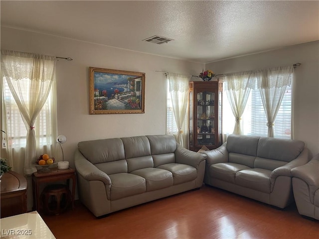 living area with plenty of natural light, a textured ceiling, and wood finished floors