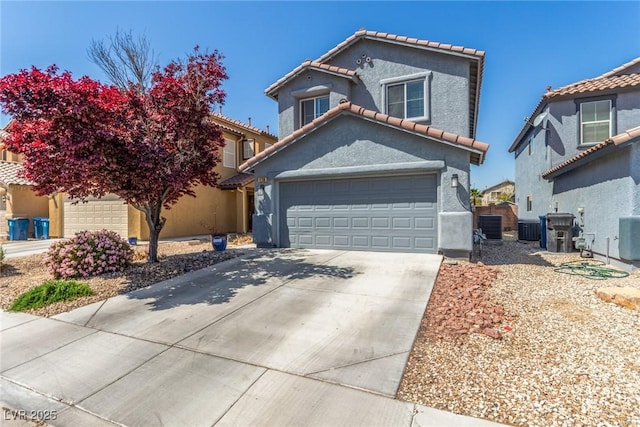 11739 Village Arbor St, Las Vegas, NV 89183 - view of front facade with concrete driveway, central air condition unit, stucco siding, and a tiled roof