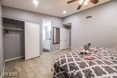 1012 Greystone Dr, Las Vegas, NV 89108 - bedroom featuring recessed lighting, baseboards, connected bathroom, and a ceiling fan