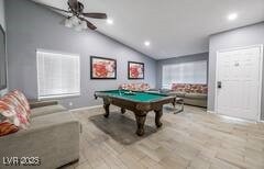 1012 Greystone Dr, Las Vegas, NV 89108 - game room featuring vaulted ceiling, pool table, recessed lighting, ceiling fan, and baseboards