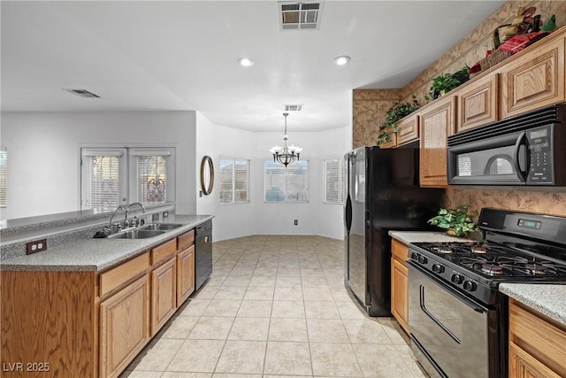 4114 Jessica Marie St, North Las Vegas, NV 89032 - kitchen with black appliances, a sink, a chandelier, plenty of natural light, and recessed lighting