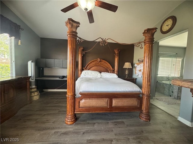 640 House Blend Ln, Henderson, NV 89052 - bedroom featuring wood finished floors, vaulted ceiling, and ceiling fan