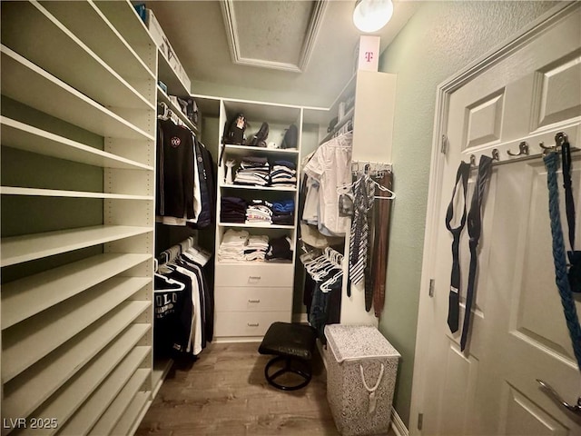 640 House Blend Ln, Henderson, NV 89052 - walk in closet featuring attic access and wood finished floors