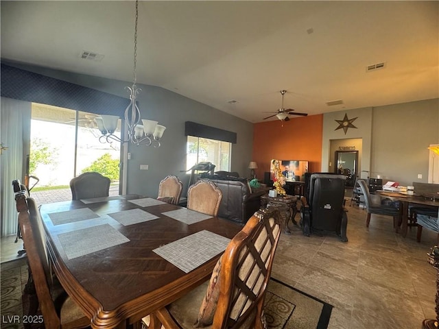 640 House Blend Ln, Henderson, NV 89052 - dining space featuring a chandelier, vaulted ceiling, and ceiling fan