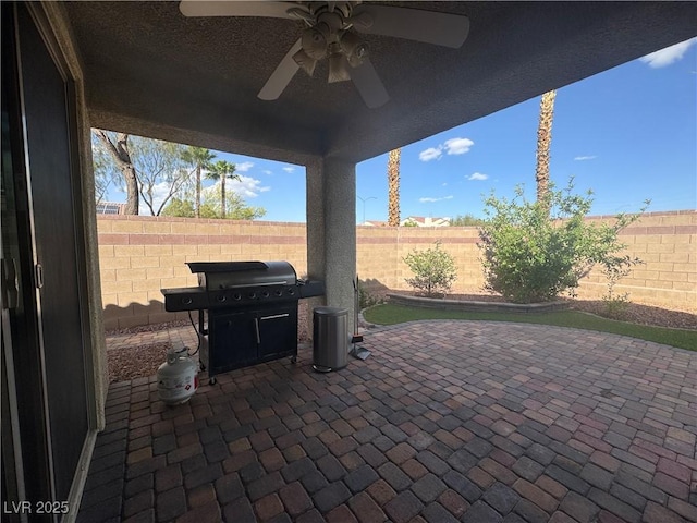640 House Blend Ln, Henderson, NV 89052 - view of patio / terrace with area for grilling, ceiling fan, and a fenced backyard