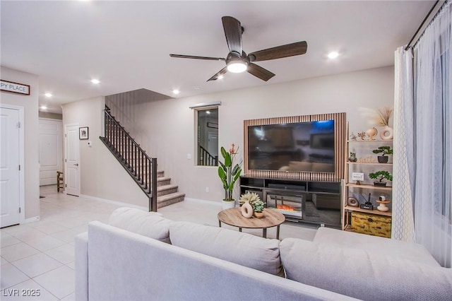 8021 Adelaide Hills St, Las Vegas, NV 89113 - living area featuring stairway, tile patterned flooring, ceiling fan, recessed lighting, and baseboards