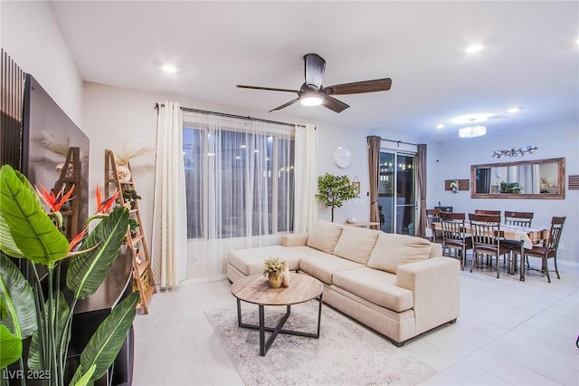 8021 Adelaide Hills St, Las Vegas, NV 89113 - living room featuring a ceiling fan, recessed lighting, and light tile patterned floors