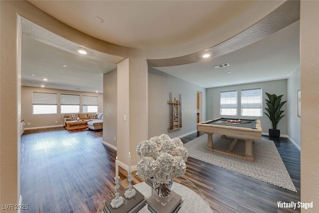game room featuring wood finished floors, billiards, baseboards, and recessed lighting