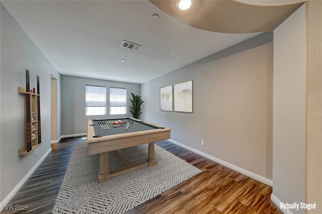 rec room featuring wood finished floors, billiards table, and baseboards