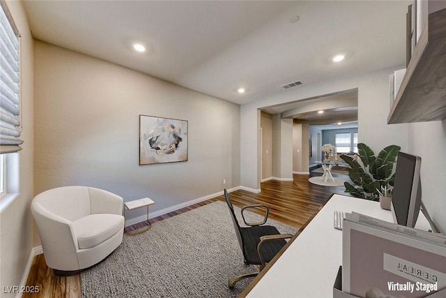 home office with wood finished floors, baseboards, and recessed lighting