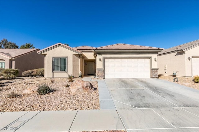 single story home featuring a garage, stucco siding, concrete driveway, stone siding, and a tile roof