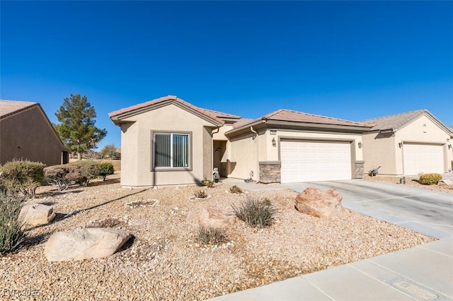 ranch-style home with an attached garage, stucco siding, driveway, and a tiled roof