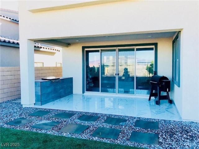 10280 Midnight Meteor Ave, Las Vegas, NV 89166 - view of exterior entry with exterior kitchen, a patio area, and stucco siding