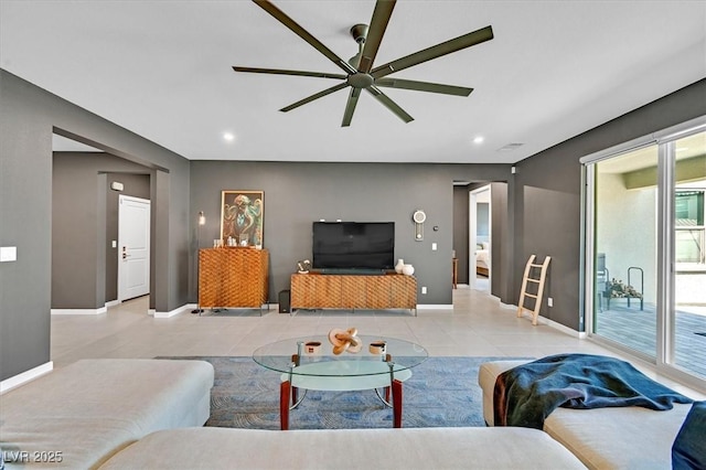 6834 Fallen Rock St, North Las Vegas, NV 89084 - living area featuring ceiling fan, baseboards, recessed lighting, and light tile patterned floors