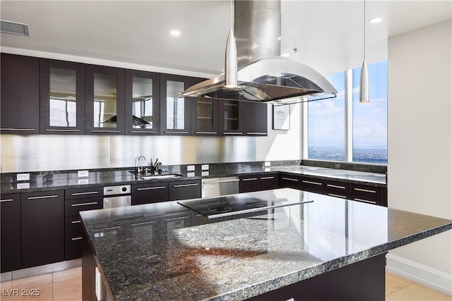 2700 S Las Vegas Blvd Unit 4305, Las Vegas, NV 89109 - kitchen featuring a sink, a kitchen island, island exhaust hood, stainless steel dishwasher, and black electric cooktop