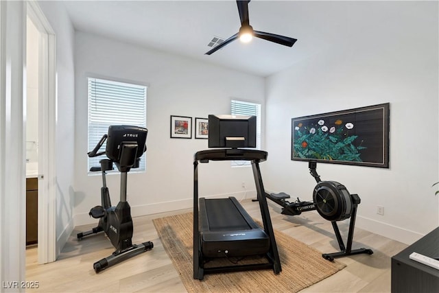 11895 Skyline Arch Ct, Las Vegas, NV 89138 - workout room featuring a ceiling fan, wood finished floors, and baseboards