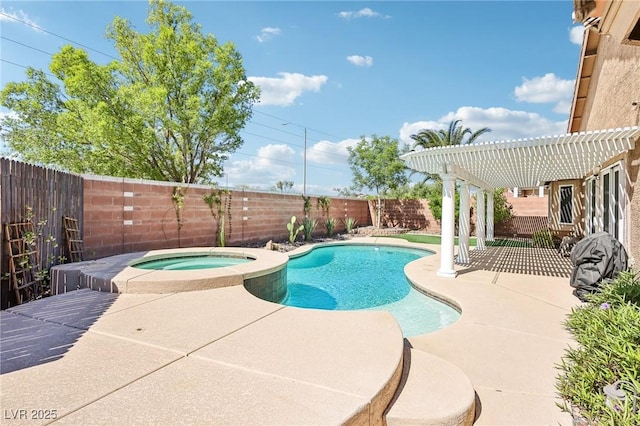 view of swimming pool with a pergola, a patio area, a fenced backyard, and a pool with connected hot tub