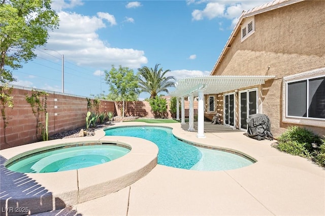 view of swimming pool featuring a pergola, an in-ground hot tub, a patio area, and a fenced backyard