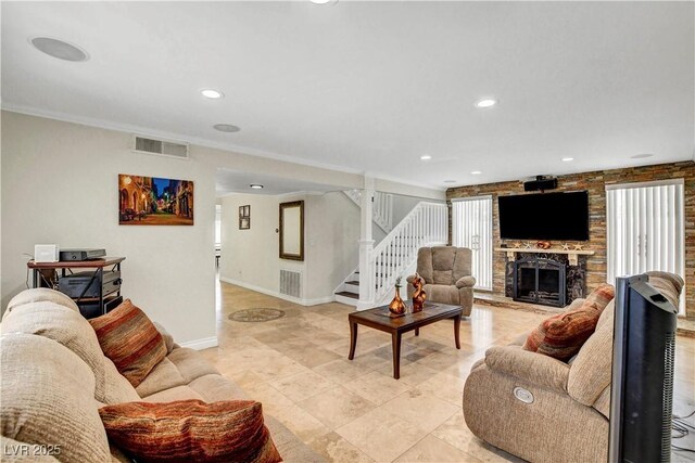 4990 Spring Oak St, Las Vegas, NV 89120 - living room featuring stairway, crown molding, a fireplace, baseboards, and recessed lighting