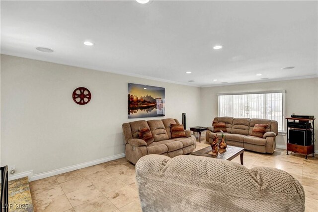 4990 Spring Oak St, Las Vegas, NV 89120 - living room with ornamental molding, baseboards, recessed lighting, and light tile patterned flooring