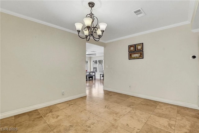4990 Spring Oak St, Las Vegas, NV 89120 - empty room featuring crown molding, a chandelier, baseboards, and light tile patterned floors