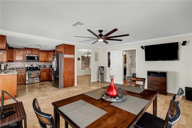 4990 Spring Oak St, Las Vegas, NV 89120 - dining area with a chandelier, ceiling fan, ornamental molding, baseboards, and light tile patterned floors
