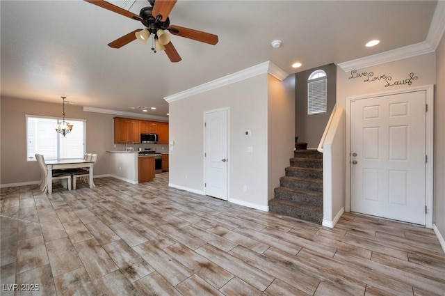8152 Satin Carnation Ln, Las Vegas, NV 89166 - living room with ornamental molding, stairway, recessed lighting, a chandelier, and baseboards