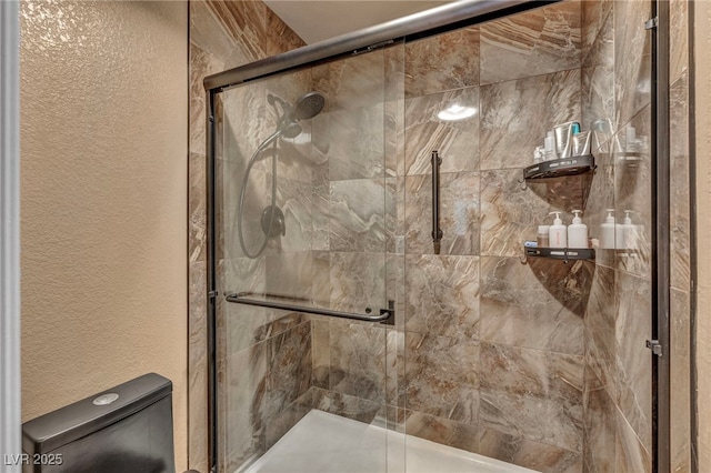 2725 S Nellis Blvd Unit 2052, Las Vegas, NV 89121 - bathroom with a textured wall, a stall shower, and toilet