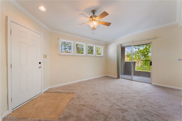 4400 S Jones Blvd Unit 2033, Las Vegas, NV 89103 - foyer featuring ornamental molding, a ceiling fan, light colored carpet, lofted ceiling, and baseboards