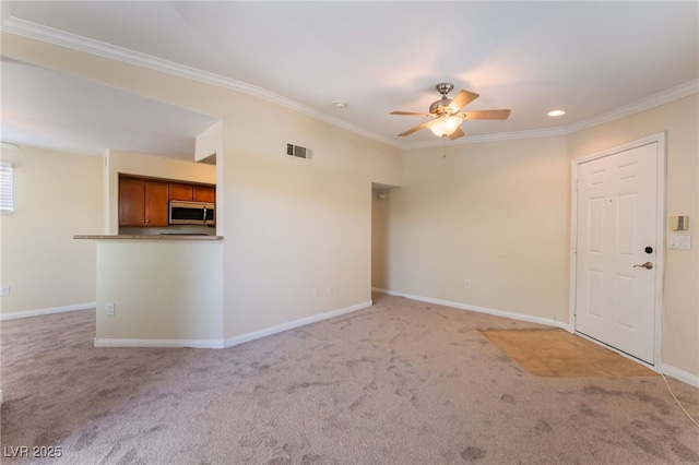 4400 S Jones Blvd Unit 2033, Las Vegas, NV 89103 - unfurnished living room with light carpet, a ceiling fan, crown molding, recessed lighting, and baseboards