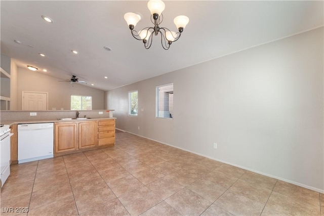 kitchen featuring dishwasher, a sink, a chandelier, light countertops, and ceiling fan