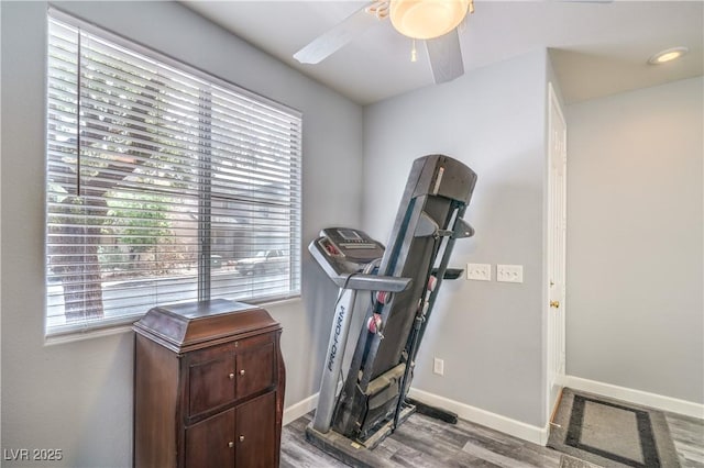 5024 Granite Creek Ct, Las Vegas, NV 89131 - exercise room with healthy amount of natural light, baseboards, wood finished floors, and ceiling fan