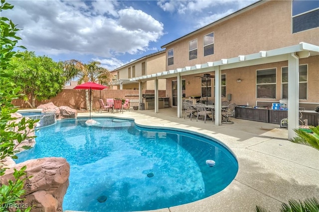 5024 Granite Creek Ct, Las Vegas, NV 89131 - view of pool featuring a fenced backyard, a patio, outdoor dining area, a pool with connected hot tub, and ceiling fan