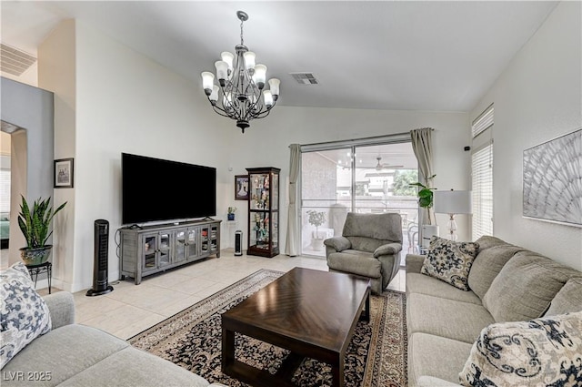 8250 Lincoln Valley St, Las Vegas, NV 89123 - living area featuring a chandelier, light tile patterned floors, high vaulted ceiling, and baseboards