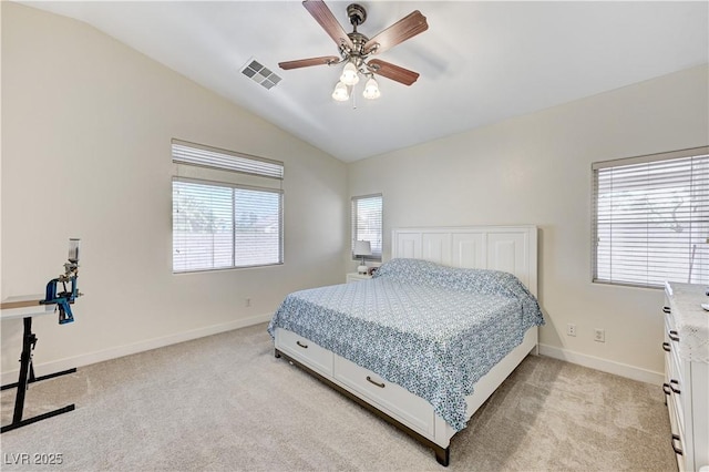8250 Lincoln Valley St, Las Vegas, NV 89123 - bedroom featuring vaulted ceiling, light carpet, baseboards, and a ceiling fan