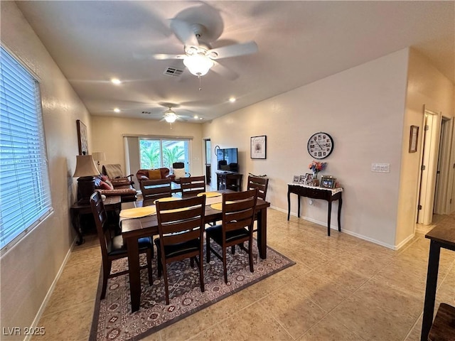 2558 Divine Sky Dr, Henderson, NV 89044 - dining area with a ceiling fan, light tile patterned floors, baseboards, and recessed lighting