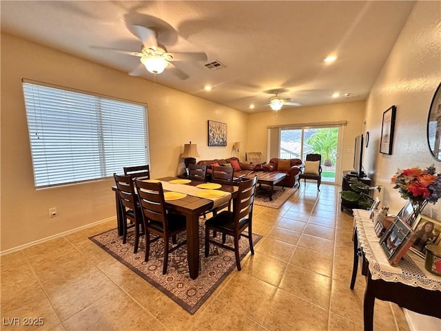 2558 Divine Sky Dr, Henderson, NV 89044 - dining room featuring a ceiling fan, light tile patterned flooring, recessed lighting, and baseboards