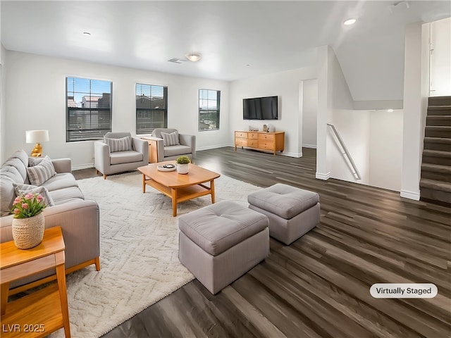 148 Campbelltown Ave, Henderson, NV 89015 - living area featuring wood finished floors, baseboards, stairs, and recessed lighting